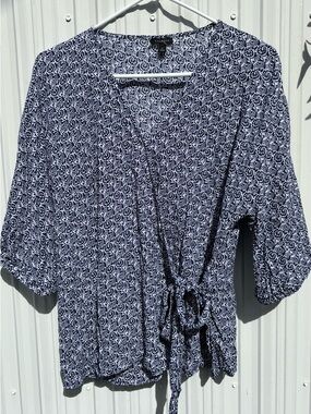 Talbots Navy and White Printed Tie-Front Tunic